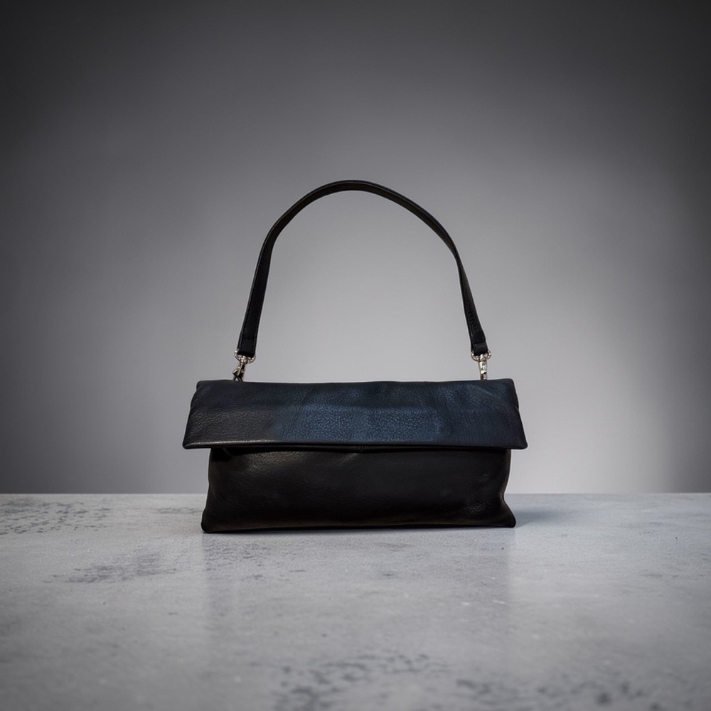 ILI New York Black Leather Foldover Shoulder Bag Leopard Lining